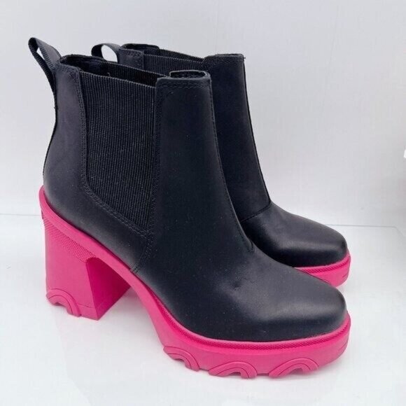 Sorel Brex Waterproof Platform Heel Chelsea Boot Bootie Black/Cactus Pink US 8 - Picture 4 of 9